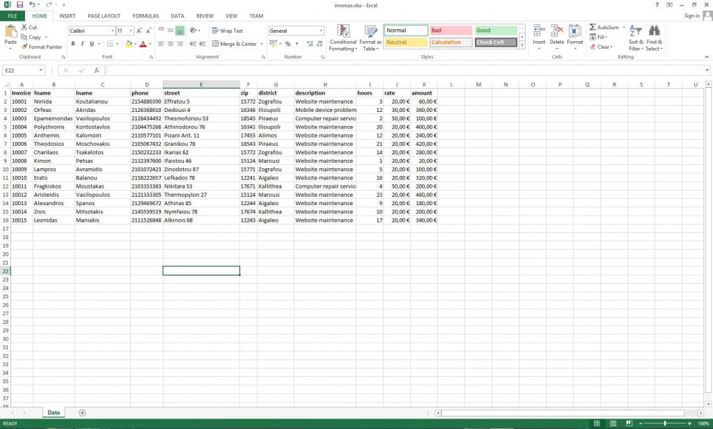 Excel with invoice data